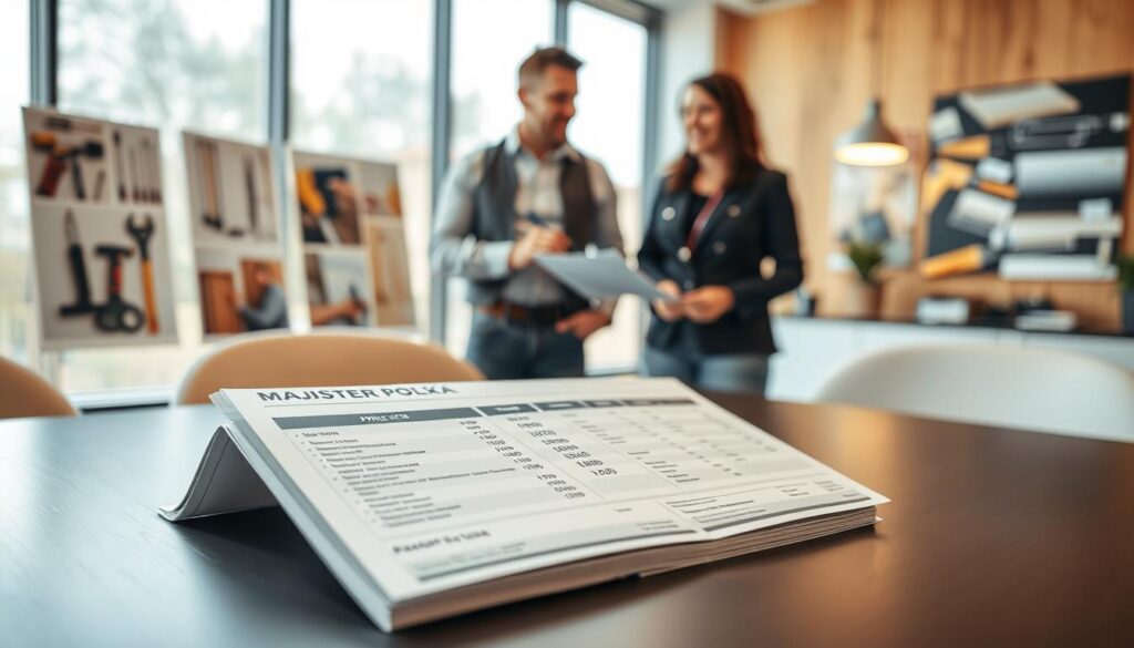 A professional setting showcasing an elegant price list for a service company, "Majster Polska." In the foreground, a sleek, modern table displays a detailed, neatly laid out pricing brochure, highlighting various home improvement services and costs. The middle ground features an adept contractor in smart casual attire, engaged in a conversation with a satisfied customer, both focused on the price list. In the background, soft-focus images of tools and home renovation projects subtly suggest the company’s services. The scene is illuminated by warm, natural lighting coming from large windows, creating an inviting atmosphere that conveys trust and professionalism. The angle is slightly above eye level, providing a clear view of the interaction while keeping the setting organized and visually appealing. A professional setting showcasing an elegant price list for a service company, "Majster Polska." In the foreground, a sleek, modern table displays a detailed, neatly laid out pricing brochure, highlighting various home improvement services and costs. The middle ground features an adept contractor in smart casual attire, engaged in a conversation with a satisfied customer, both focused on the price list. In the background, soft-focus images of tools and home renovation projects subtly suggest the company’s services. The scene is illuminated by warm, natural lighting coming from large windows, creating an inviting atmosphere that conveys trust and professionalism. The angle is slightly above eye level, providing a clear view of the interaction while keeping the setting organized and visually appealing.