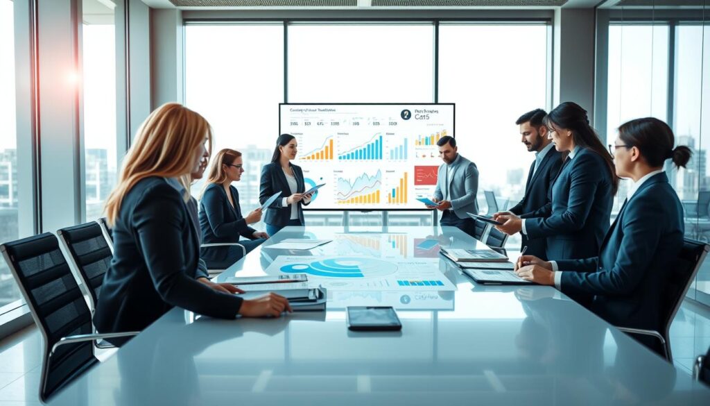 A professional setting that illustrates the evaluation of a company. In the foreground, a diverse group of professionals, including a woman in a business suit and a man in smart casual attire, are gathered around a modern conference table, examining documents and digital tablets. In the middle, a large screen displays a variety of graphs and metrics, symbolizing company performance evaluations. The background showcases an office environment with large windows allowing natural light to flood the space, creating an energetic and focused atmosphere. The lighting is bright and inviting, emphasizing collaboration and analytical discussion. The scene conveys a sense of professionalism and diligence in assessing business credibility.