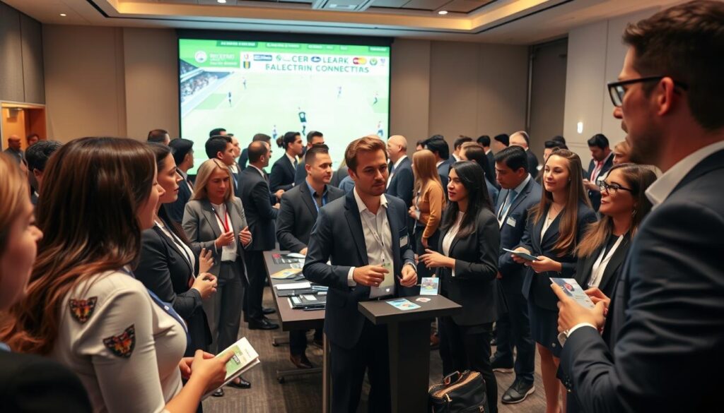 A professional soccer scout networking event held in a modern conference setting. In the foreground, a diverse group of individuals dressed in smart business attire, engaged in animated discussions, exchanging contact information. In the middle ground, a large table displaying brochures and business cards, surrounded by enthusiastic participants. The background features a large screen with a graphic showing a soccer field and various team logos, symbolizing connections in the industry. Soft, warm lighting creates an inviting atmosphere. The image captures a sense of collaboration and professionalism, emphasizing the importance of building networks in soccer scouting. The angle is slightly elevated, providing a comprehensive view of the dynamic interactions.