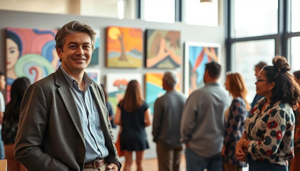 A professional social curator standing confidently in an urban community space, such as a modern art gallery or community center. In the foreground, the curator, a middle-aged individual dressed in smart casual attire, is engaged in a discussion with a diverse group of local residents. In the middle, art pieces that reflect community themes are displayed, showcasing vibrant colors and textures. The background features large windows with natural light streaming in, creating a warm and inviting atmosphere. The scene should convey a sense of collaboration and community engagement. Use soft, flattering lighting that highlights the curator's expression of enthusiasm and passion for social curation. Capture the moment from a slightly elevated angle to emphasize interaction among the people. A professional social curator standing confidently in an urban community space, such as a modern art gallery or community center. In the foreground, the curator, a middle-aged individual dressed in smart casual attire, is engaged in a discussion with a diverse group of local residents. In the middle, art pieces that reflect community themes are displayed, showcasing vibrant colors and textures. The background features large windows with natural light streaming in, creating a warm and inviting atmosphere. The scene should convey a sense of collaboration and community engagement. Use soft, flattering lighting that highlights the curator's expression of enthusiasm and passion for social curation. Capture the moment from a slightly elevated angle to emphasize interaction among the people.