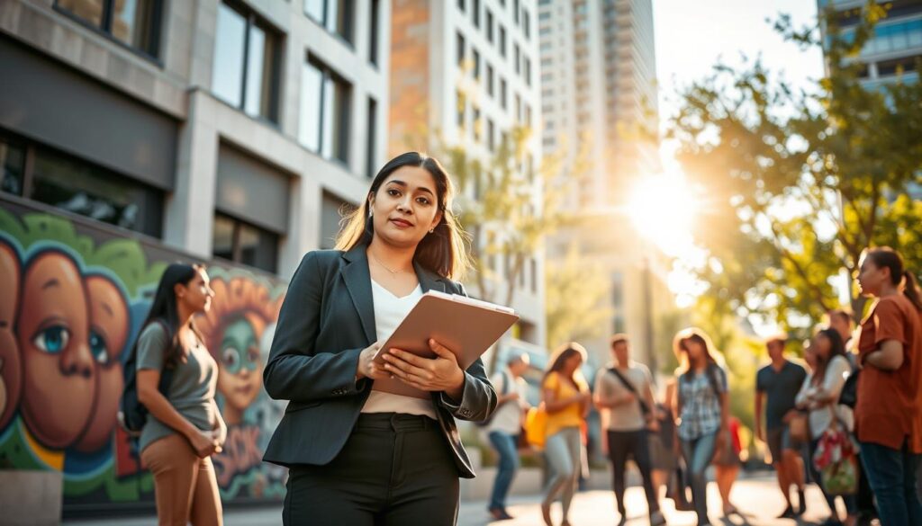 A professional social curator stands confidently in a modern, well-lit urban environment, exuding a sense of purpose and guidance. In the foreground, the curator, a South Asian woman in smart casual attire, holds a clipboard and engages in conversation with a diverse group of individuals, representing various ages and backgrounds, who are collaborating on a community project. The middle ground features vibrant street art and community engagement, showcasing a creative atmosphere. In the background, there are modern buildings and trees, bathed in warm sunlight, symbolizing growth and connection. The mood is inspiring and dynamic, conveying a sense of community-driven initiative and collaboration. The image is captured from a slightly elevated angle, emphasizing the interaction between the curator and the community. A professional social curator stands confidently in a modern, well-lit urban environment, exuding a sense of purpose and guidance. In the foreground, the curator, a South Asian woman in smart casual attire, holds a clipboard and engages in conversation with a diverse group of individuals, representing various ages and backgrounds, who are collaborating on a community project. The middle ground features vibrant street art and community engagement, showcasing a creative atmosphere. In the background, there are modern buildings and trees, bathed in warm sunlight, symbolizing growth and connection. The mood is inspiring and dynamic, conveying a sense of community-driven initiative and collaboration. The image is captured from a slightly elevated angle, emphasizing the interaction between the curator and the community.