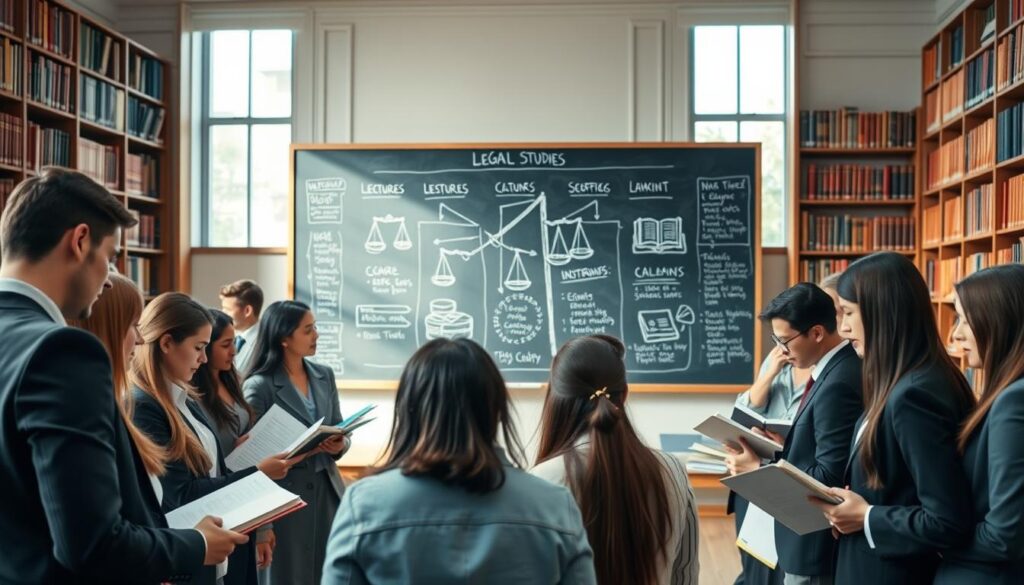 A professional, structured educational environment showcasing the stages of legal studies. In the foreground, a diverse group of students in business attire engaged in discussion, studying legal texts and notes. In the middle, a large chalkboard filled with diagrams illustrating the stages of legal education, such as lectures, internships, and examinations. The background features tall bookshelves lined with law books, creating an atmosphere of scholarly pursuit. Soft, natural lighting filters through the large windows, accentuating a warm and inviting mood. The scene is busy yet focused, emphasizing collaboration and learning in a law school setting. The composition should use a wide-angle lens to capture the depth of the environment, showcasing both the students and the academic setting. A professional, structured educational environment showcasing the stages of legal studies. In the foreground, a diverse group of students in business attire engaged in discussion, studying legal texts and notes. In the middle, a large chalkboard filled with diagrams illustrating the stages of legal education, such as lectures, internships, and examinations. The background features tall bookshelves lined with law books, creating an atmosphere of scholarly pursuit. Soft, natural lighting filters through the large windows, accentuating a warm and inviting mood. The scene is busy yet focused, emphasizing collaboration and learning in a law school setting. The composition should use a wide-angle lens to capture the depth of the environment, showcasing both the students and the academic setting.