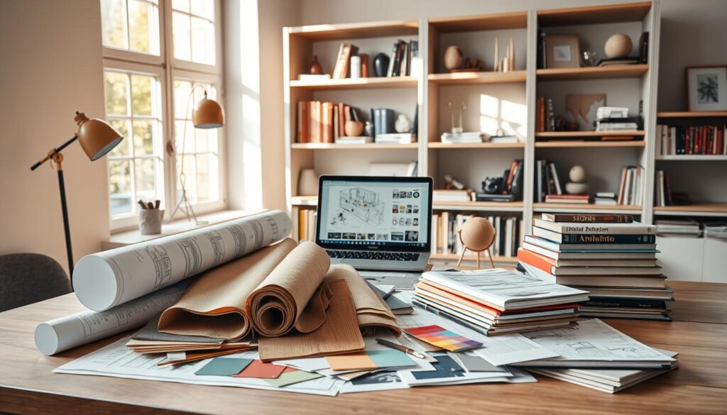 A professional study desk in a well-lit interior design studio, featuring a variety of study materials for interior architecture. On the desk, there are blueprints, samples of materials like fabrics and wood, color swatches, a laptop displaying design software, and architectural books stacked neatly. The background showcases shelves filled with design reference books and decorative items, creating an inspiring atmosphere. Soft, natural lighting filters through large windows, casting gentle shadows across the workspace, giving a warm and inviting feel. The overall composition should evoke a sense of focus and creativity, suitable for a student preparing for their final exams in interior architecture.