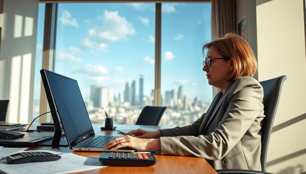 A professional tax advisor working at a modern office desk, surrounded by financial documents, calculators, and a laptop. The advisor, a middle-aged woman in smart business attire, is intently analyzing data on her screen, showcasing a look of concentration and expertise. In the background, a large window reveals a city skyline under a bright blue sky, suggesting a vibrant urban environment. Natural daylight streams into the room, creating a warm and inviting atmosphere. The camera angle is slightly above eye level, giving a broader view of the office space while keeping the advisor as the focal point. This scene captures the essence of becoming a successful tax advisor through focus, professionalism, and dedication.