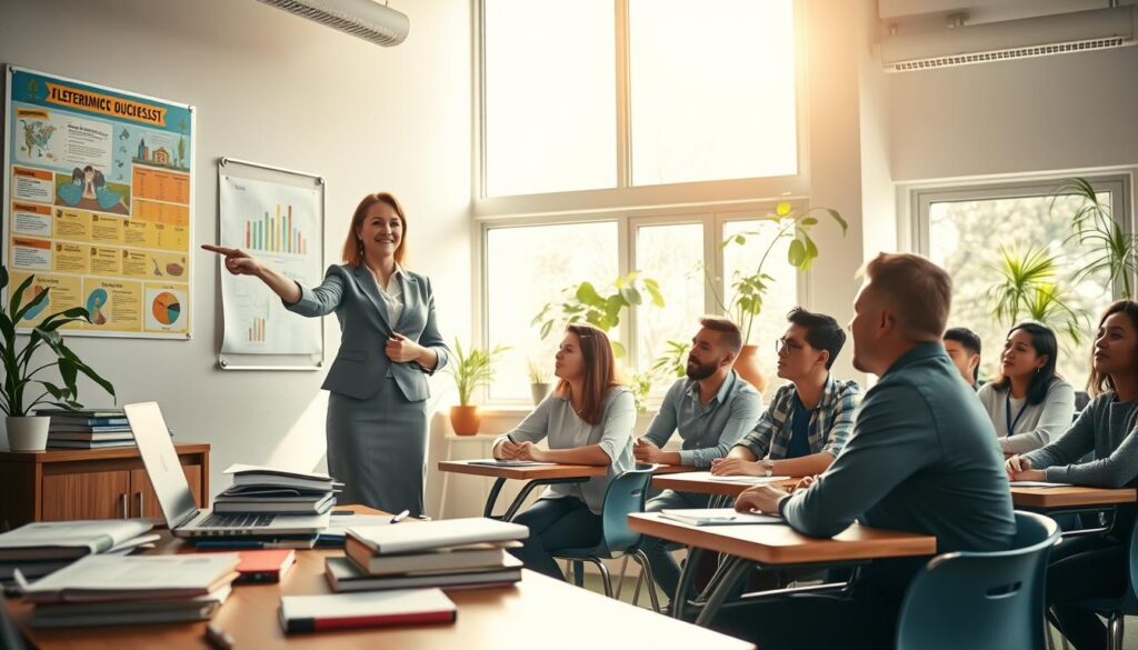 A professional teacher stands confidently at the front of a well-lit classroom, engaging with a diverse group of attentive students seated at their desks. The teacher, a middle-aged woman wearing smart business attire, is smiling and pointing to a colorful educational poster on the wall. In the foreground, a wooden desk is cluttered with books, a laptop, and stationery. The middle ground features the students, a mix of genders and ethnicities, keenly listening and taking notes. In the background, bright sunlight streams through large windows, illuminating the room filled with learning materials and plants. The mood is inspiring and energetic, capturing the essence of education and personal growth. The camera angle is slightly elevated, showcasing both the teacher’s enthusiasm and the students' engagement.