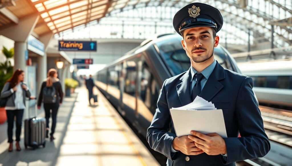 A professional train conductor standing confidently on a modern train platform, dressed in a sharp navy blue uniform and a conductor’s hat. In the foreground, focus on the conductor's determined expression as they hold a clipboard with training materials. In the middle ground, the sleek train is visible, gleaming under bright daylight, while passengers with luggage bustle around, creating a sense of movement and urgency. The background features a vibrant railway station, adorned with informational signage and greenery, ensuring a welcoming atmosphere. Soft sunlight falls on the scene, casting gentle shadows that add depth. The overall mood is inspirational and focused, symbolizing the journey and dedication involved in becoming a train conductor.