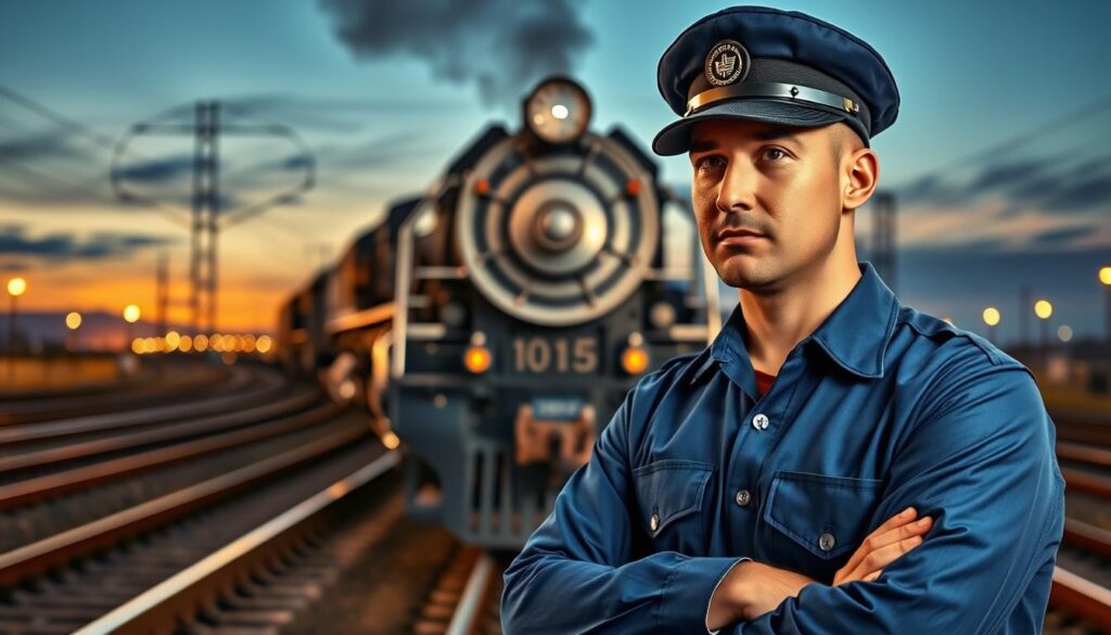 A professional train engineer standing confidently in front of a modern locomotive, wearing a crisp blue uniform with a cap. The foreground captures the engineer, focused and engaged with the train controls, symbolizing precision and safety. In the middle, the powerful locomotive looms, showcasing its intricate details and polished surfaces, with attention to the steam and metallic textures. The background features railway tracks stretching toward a dusk sky, illuminated by a warm, golden light that creates a nostalgic yet ambitious atmosphere. The scene conveys a sense of responsibility and professionalism, reflecting the job requirements for train engineers, with an emphasis on focus and dedication. A professional train engineer standing confidently in front of a modern locomotive, wearing a crisp blue uniform with a cap. The foreground captures the engineer, focused and engaged with the train controls, symbolizing precision and safety. In the middle, the powerful locomotive looms, showcasing its intricate details and polished surfaces, with attention to the steam and metallic textures. The background features railway tracks stretching toward a dusk sky, illuminated by a warm, golden light that creates a nostalgic yet ambitious atmosphere. The scene conveys a sense of responsibility and professionalism, reflecting the job requirements for train engineers, with an emphasis on focus and dedication.