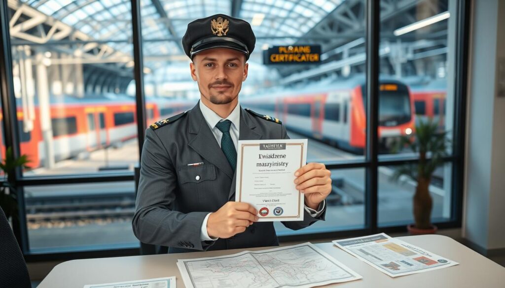 A professional train engineer, wearing a smart uniform with a cap, stands proudly in an office setting, holding a valid "świadczenie maszynisty" certificate. The foreground features a clean desk with railway maps and safety manuals. In the middle, the engineer gazes confidently at the camera, showcasing a sense of achievement and professionalism. The background includes a large window revealing a train station and trains in motion, symbolizing the dynamic nature of the rail industry. Soft, natural lighting filters through the window, creating an inviting atmosphere. The image captures a sense of determination, signaling the importance of certification in one’s career as a train driver, with a focus on clarity and inspiration. A professional train engineer, wearing a smart uniform with a cap, stands proudly in an office setting, holding a valid "świadczenie maszynisty" certificate. The foreground features a clean desk with railway maps and safety manuals. In the middle, the engineer gazes confidently at the camera, showcasing a sense of achievement and professionalism. The background includes a large window revealing a train station and trains in motion, symbolizing the dynamic nature of the rail industry. Soft, natural lighting filters through the window, creating an inviting atmosphere. The image captures a sense of determination, signaling the importance of certification in one’s career as a train driver, with a focus on clarity and inspiration.