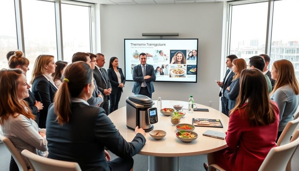 A professional training session for Thermomix representatives takes place in a bright, modern conference room. In the foreground, a diverse group of individuals, wearing professional business attire, attentively engages in a discussion around a sleek demonstration table featuring a Thermomix machine and various ingredients. In the middle ground, a confident trainer stands beside a digital projector displaying key points and images related to Thermomix features. The background showcases large windows letting in natural light, creating a warm and inviting atmosphere. The overall mood is energetic and inspiring, embodying collaboration and enthusiasm for learning. The angle is slightly elevated to capture both the group dynamics and the engaging visuals in the training space. A professional training session for Thermomix representatives takes place in a bright, modern conference room. In the foreground, a diverse group of individuals, wearing professional business attire, attentively engages in a discussion around a sleek demonstration table featuring a Thermomix machine and various ingredients. In the middle ground, a confident trainer stands beside a digital projector displaying key points and images related to Thermomix features. The background showcases large windows letting in natural light, creating a warm and inviting atmosphere. The overall mood is energetic and inspiring, embodying collaboration and enthusiasm for learning. The angle is slightly elevated to capture both the group dynamics and the engaging visuals in the training space.