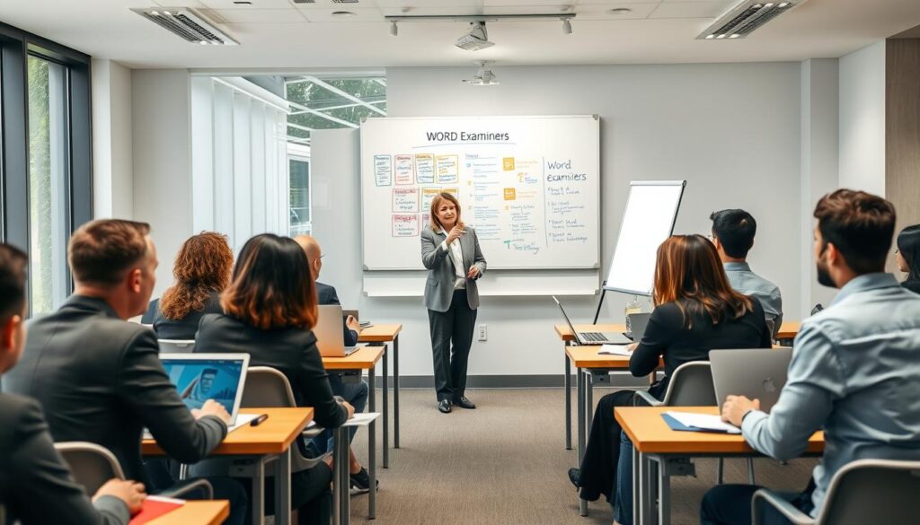 A professional training session for "WORD examiners" in a modern classroom setting. Foreground features a diverse group of adults in business attire, seated at desks with laptops and notepads, engaging attentively with an instructor. Middle ground showcases a whiteboard filled with key concepts related to the examiner course, with colorful diagrams and bullet points. Background includes large windows allowing natural light to illuminate the room, creating a bright and welcoming atmosphere. The instructor, a middle-aged woman, stands confidently at the front, gesturing towards the whiteboard. The focus is on collaboration and learning, conveying a sense of professionalism and purpose. The scene captures the essential elements of a WORD examiner training course, emphasizing education and teamwork. A professional training session for "WORD examiners" in a modern classroom setting. Foreground features a diverse group of adults in business attire, seated at desks with laptops and notepads, engaging attentively with an instructor. Middle ground showcases a whiteboard filled with key concepts related to the examiner course, with colorful diagrams and bullet points. Background includes large windows allowing natural light to illuminate the room, creating a bright and welcoming atmosphere. The instructor, a middle-aged woman, stands confidently at the front, gesturing towards the whiteboard. The focus is on collaboration and learning, conveying a sense of professionalism and purpose. The scene captures the essential elements of a WORD examiner training course, emphasizing education and teamwork.