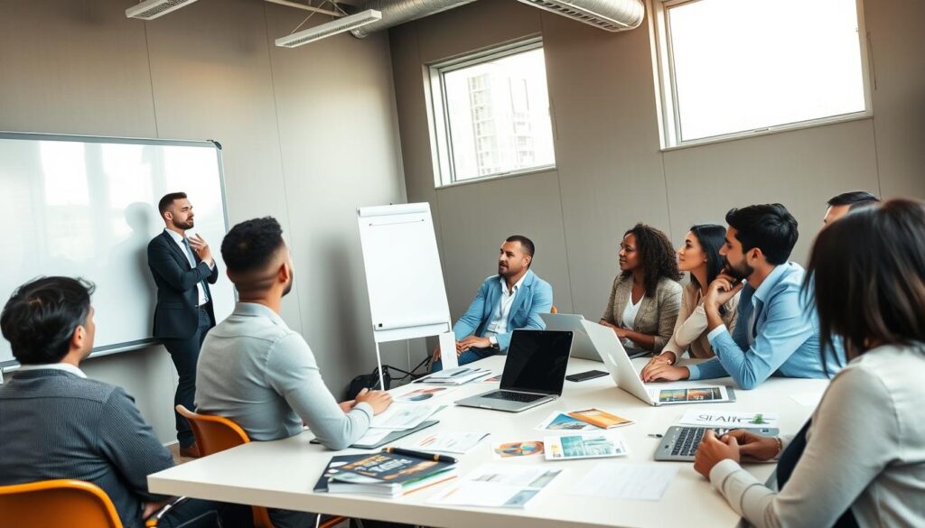 A professional training session for real estate agents in a modern classroom setting, with a diverse group of individuals attending. In the foreground, a confident instructor is standing by a whiteboard, wearing business attire, explaining key concepts of real estate. The attendees, a mix of male and female professionals, are engaged, taking notes and discussing among themselves. In the middle ground, a well-organized training table filled with brochures, real estate guides, and laptops. The background features large windows that let in bright, natural light, illuminating the space. The atmosphere is focused and motivating, capturing the essence of learning and professional development in real estate. The image should be well-lit, using soft lighting for a warm and inviting feel, shot at eye level to bring the viewer into the scene.