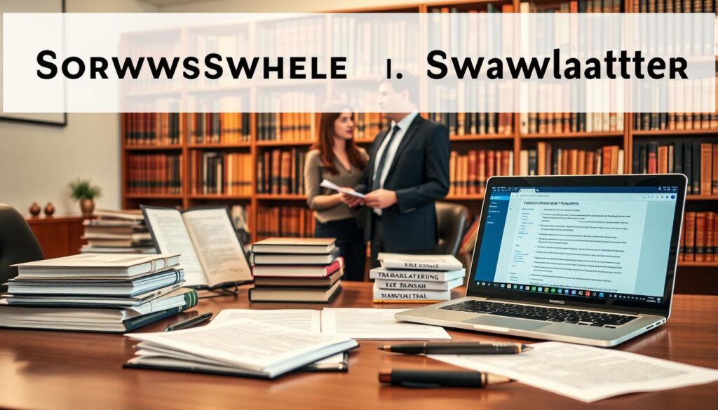 A professional translator’s workspace illustrating the requirements for a sworn translator. In the foreground, a neatly organized desk features legal documents, translation tools, and a laptop open to a translation software interface. The middle ground includes a well-dressed individual (a man and a woman) in business attire, discussing translation requirements, surrounded by books on legal terminology and language skills. The background shows a library wall filled with reference volumes, indicating a serious study environment. The lighting is warm and inviting, highlighting a focus on professionalism and diligence. The overall mood is one of determination and clarity, emphasizing the seriousness of becoming a sworn translator. A professional translator’s workspace illustrating the requirements for a sworn translator. In the foreground, a neatly organized desk features legal documents, translation tools, and a laptop open to a translation software interface. The middle ground includes a well-dressed individual (a man and a woman) in business attire, discussing translation requirements, surrounded by books on legal terminology and language skills. The background shows a library wall filled with reference volumes, indicating a serious study environment. The lighting is warm and inviting, highlighting a focus on professionalism and diligence. The overall mood is one of determination and clarity, emphasizing the seriousness of becoming a sworn translator.