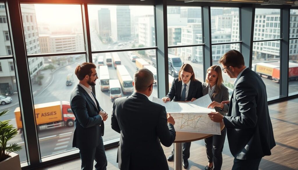 A professional transport company setting, with a modern office space in the foreground. In the middle, a diverse group of business people in professional attire are gathered around a conference table, examining blueprints and maps of transportation routes. They are engaged in discussion, highlighting collaboration and planning. In the background, large windows reveal a bustling cityscape, with trucks and delivery vehicles moving on the streets, symbolizing the transportation industry. The lighting is bright and welcoming, with soft natural daylight streaming through the windows. Capture the sense of ambition and innovation in establishing a transport business, using a slightly elevated camera angle to create a dynamic perspective. The overall mood is one of professionalism and teamwork, emphasizing the journey of starting a company. A professional transport company setting, with a modern office space in the foreground. In the middle, a diverse group of business people in professional attire are gathered around a conference table, examining blueprints and maps of transportation routes. They are engaged in discussion, highlighting collaboration and planning. In the background, large windows reveal a bustling cityscape, with trucks and delivery vehicles moving on the streets, symbolizing the transportation industry. The lighting is bright and welcoming, with soft natural daylight streaming through the windows. Capture the sense of ambition and innovation in establishing a transport business, using a slightly elevated camera angle to create a dynamic perspective. The overall mood is one of professionalism and teamwork, emphasizing the journey of starting a company.