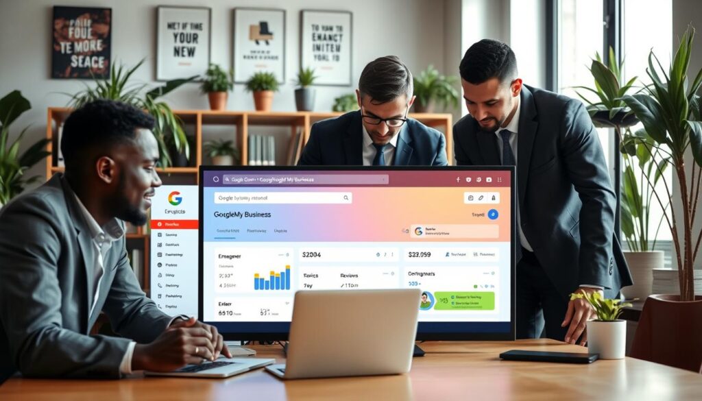 A professional workspace depicting the optimization of a Google My Business listing. In the foreground, a diverse group of three professionals in business attire—two men and one woman—strategically discussing on a laptop. The middle ground features a large screen displaying a vibrant, user-friendly interface of the Google My Business dashboard, showcasing metrics like reviews and engagement. In the background, an organized office space with plants and motivational posters enhances the scene. Soft, natural lighting filters through a window, creating a bright and inviting atmosphere. The camera angle is slightly angled from above, capturing the teamwork and focus of the moment, highlighting an ongoing discussion about enhancing online presence. Overall, the image conveys professionalism, collaboration, and digital expertise.