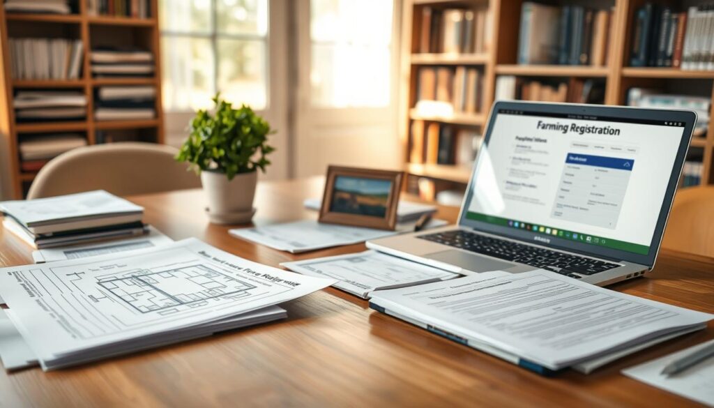 A professional workspace focused on agricultural registration documents. In the foreground, a cluttered wooden desk displaying neatly arranged paperwork related to farming registration, including forms, a blueprint of a farm layout, and a laptop open to an online registration portal. The middle ground features a potted plant and a small, framed picture of a farm landscape, adding a touch of nature. In the background, a soft-focus bookshelf filled with farming manuals and journals. The scene is well-lit with natural sunlight streaming through a nearby window, creating a warm, welcoming atmosphere. The photo should be taken from a slightly elevated angle to capture both the desk and the surrounding details, emphasizing a sense of professionalism and preparation for becoming a farmer. A professional workspace focused on agricultural registration documents. In the foreground, a cluttered wooden desk displaying neatly arranged paperwork related to farming registration, including forms, a blueprint of a farm layout, and a laptop open to an online registration portal. The middle ground features a potted plant and a small, framed picture of a farm landscape, adding a touch of nature. In the background, a soft-focus bookshelf filled with farming manuals and journals. The scene is well-lit with natural sunlight streaming through a nearby window, creating a warm, welcoming atmosphere. The photo should be taken from a slightly elevated angle to capture both the desk and the surrounding details, emphasizing a sense of professionalism and preparation for becoming a farmer.