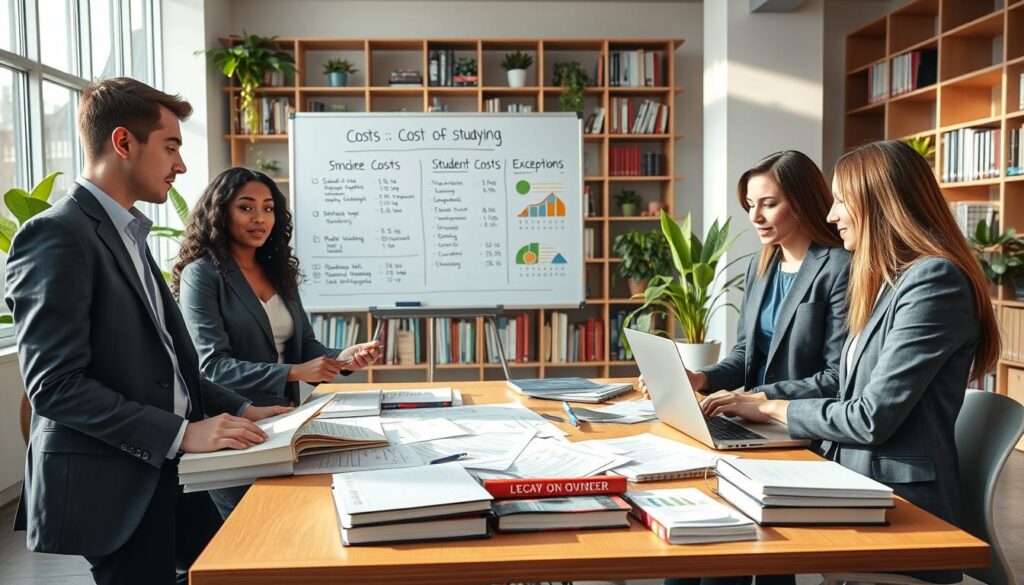 A professional workspace set in a modern university environment focused on the concept of "costs of studying." In the foreground, a diverse group of three students, dressed in professional business attire, are gathered around a table filled with textbooks, notebooks, and a laptop, discussing financial documents and charts. In the middle ground, there is a large whiteboard displaying key principles of student costs and exceptions, illustrated with colorful graphics. The background features shelves filled with academic literature and potted plants, creating a warm and inviting atmosphere. Soft, natural lighting pours in from large windows, casting gentle shadows. The overall mood is focused and collaborative, emphasizing the importance of understanding studying expenses.