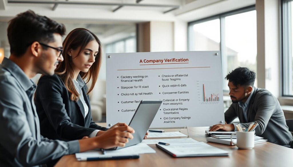 A professional workspace with a diverse group of individuals collaborating around a table, analyzing documents and using digital devices. In the foreground, a woman in professional attire is pointing to a laptop screen displaying graphs and company data, while a man next to her takes notes. In the middle ground, a flip chart with bullet points outlining company verification methods, such as checks on financial health and customer reviews. The background features a modern office setting with soft, natural lighting filtering through large windows, creating a bright and focused atmosphere. The scene conveys diligence, trust, and professionalism as these individuals work together to assess company credibility. The angle is slightly above eye level, providing a clear view of the interaction and workspace dynamics.
