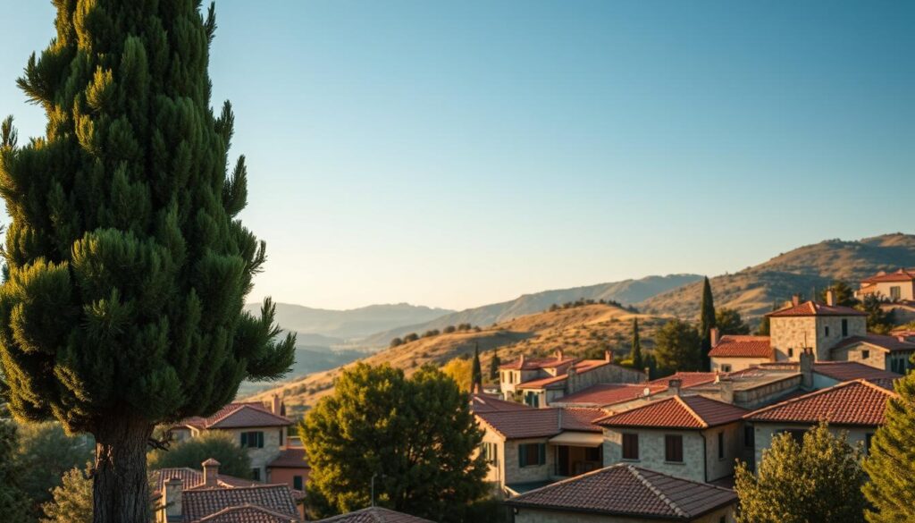 A scenic landscape showcasing the origin of the Cedrus company, set in a picturesque Mediterranean environment. In the foreground, a majestic cedar tree stands tall, its lush, evergreen branches reaching for the sky. The middle ground features a charming village with traditional stone houses, roofs adorned with terracotta tiles, creating a warm, inviting atmosphere. The background is filled with rolling hills and soft blue skies, illuminated by the golden hue of a late afternoon sun, casting gentle shadows. The lens focuses on the tree, creating a shallow depth of field that beautifully blurs the village and hills, enhancing the tranquility of the scene. The overall mood is serene and inviting, perfect for capturing the essence of the company's heritage. A scenic landscape showcasing the origin of the Cedrus company, set in a picturesque Mediterranean environment. In the foreground, a majestic cedar tree stands tall, its lush, evergreen branches reaching for the sky. The middle ground features a charming village with traditional stone houses, roofs adorned with terracotta tiles, creating a warm, inviting atmosphere. The background is filled with rolling hills and soft blue skies, illuminated by the golden hue of a late afternoon sun, casting gentle shadows. The lens focuses on the tree, creating a shallow depth of field that beautifully blurs the village and hills, enhancing the tranquility of the scene. The overall mood is serene and inviting, perfect for capturing the essence of the company's heritage.