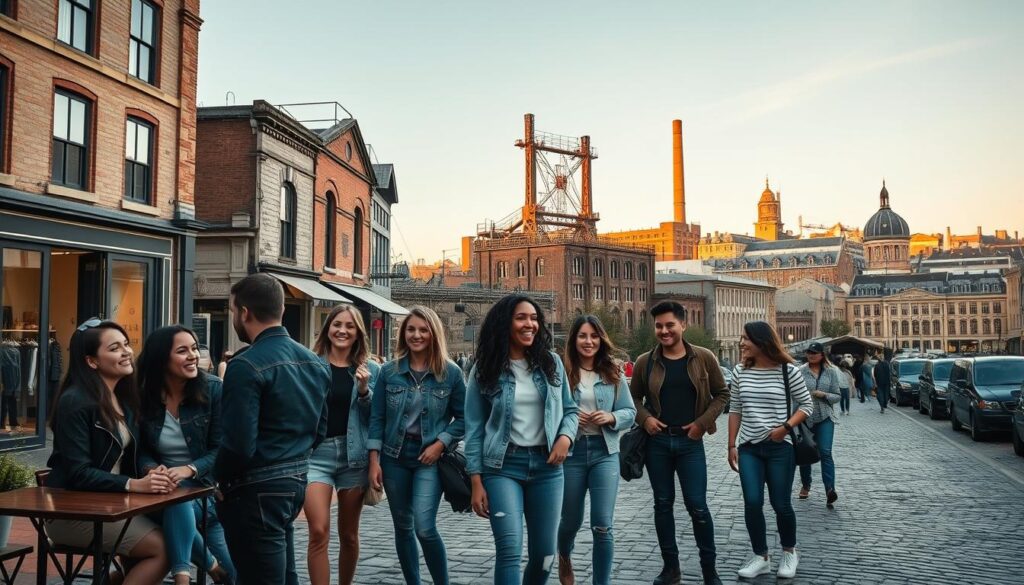 A scenic representation of the country of origin for Cross Jeans, showcasing an inviting urban environment in jeans manufacturing. In the foreground, a diverse group of young adults in stylish casual outfits is gathered at an outdoor café, smiling and engaged in conversation, embodying the contemporary lifestyle associated with denim fashion. The middle ground reveals a cobblestone street lined with trendy boutiques and a vintage factory symbolizing the brand's heritage. In the background, the skyline features iconic architecture, softly illuminated by golden hour lighting, creating a warm and welcoming atmosphere. The image is captured with a wide-angle lens to emphasize the urban landscape. The mood is vibrant and lively, reflecting the spirit of a modern city where fashion and culture intertwine harmoniously.