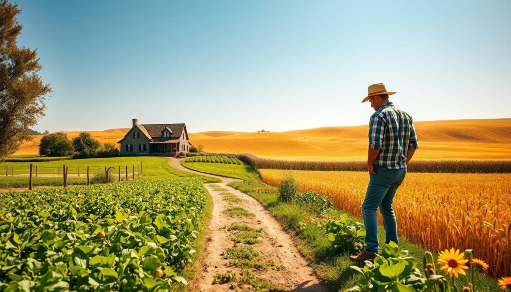 A scenic rural landscape showcasing a path leading to a traditional farmhouse surrounded by lush farmland. In the foreground, a diligent farmer, dressed in modest casual clothing, examines a field of green crops, symbolizing the journey to becoming a farmer. The middle ground features a well-maintained garden with vegetables and fruits, illustrating sustainable farming practices. In the background, rolling hills of golden wheat stretch under a bright, blue sky, enhancing the appeal of agriculture. Golden sunlight bathes the scene, creating a warm, inviting atmosphere. The perspective should be slightly elevated, capturing both the farmer's engagement with the land and the expansive beauty of the countryside, evoking a sense of aspiration and tranquility. A scenic rural landscape showcasing a path leading to a traditional farmhouse surrounded by lush farmland. In the foreground, a diligent farmer, dressed in modest casual clothing, examines a field of green crops, symbolizing the journey to becoming a farmer. The middle ground features a well-maintained garden with vegetables and fruits, illustrating sustainable farming practices. In the background, rolling hills of golden wheat stretch under a bright, blue sky, enhancing the appeal of agriculture. Golden sunlight bathes the scene, creating a warm, inviting atmosphere. The perspective should be slightly elevated, capturing both the farmer's engagement with the land and the expansive beauty of the countryside, evoking a sense of aspiration and tranquility.