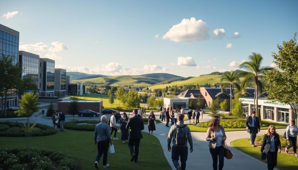 A scenic view of Highland Creek's vibrant business district, capturing the essence of the location's significance. In the foreground, well-manicured parks with people dressed in professional business attire and modest casual clothing walking, discussing, and networking. The middle ground features modern office buildings, showcasing sleek glass facades reflecting the sky, with small storefronts adding a local charm. In the background, lush green landscapes and gentle hills create a serene atmosphere, under a bright blue sky with soft, fluffy clouds. The lighting is bright and warm, suggesting morning or early afternoon, casting soft shadows that enhance the depth of the scene. The overall mood is lively, professional, and inviting, emphasizing the importance of Highland Creek’s location. The angle is slightly elevated, providing a comprehensive view of the area while maintaining a focus on its community and business vibrancy.