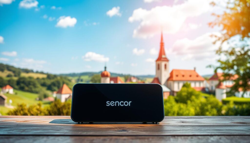 A scenic view of the Czech Republic, symbolizing the country of origin for the Sencor brand. In the foreground, a modern consumer electronics device branded with the Sencor logo, elegantly displayed on a wooden table. The middle ground features a picturesque landscape of rolling hills and historical architecture, showcasing the nation’s heritage, with a soft focus on traditional Czech motifs. The background includes a clear blue sky with soft clouds, illuminating the scene with warm, natural sunlight. The atmosphere is vibrant and inviting, suggesting innovation and quality. Capture this image with a shallow depth of field using a 50mm lens, giving it a professional and polished look.