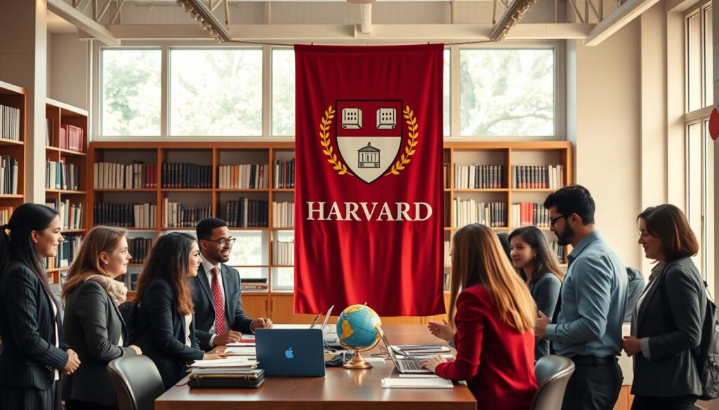A scholarly scene representing the qualifications and recruitment process for Harvard University. In the foreground, a diverse group of students dressed in professional business attire is engaged in a discussion around a table laden with application documents and laptops. In the middle ground, a large, prestigious Harvard banner drapes prominently, with a well-lit room featuring shelves filled with books and a globe, symbolizing global academia. The background showcases large windows that let in natural light, creating an inviting atmosphere. The mood is collaborative and ambitious, reflecting the dreams of students striving for excellence. Use soft, warm lighting to evoke a sense of hope and aspiration, captured from a slightly elevated angle to provide depth.