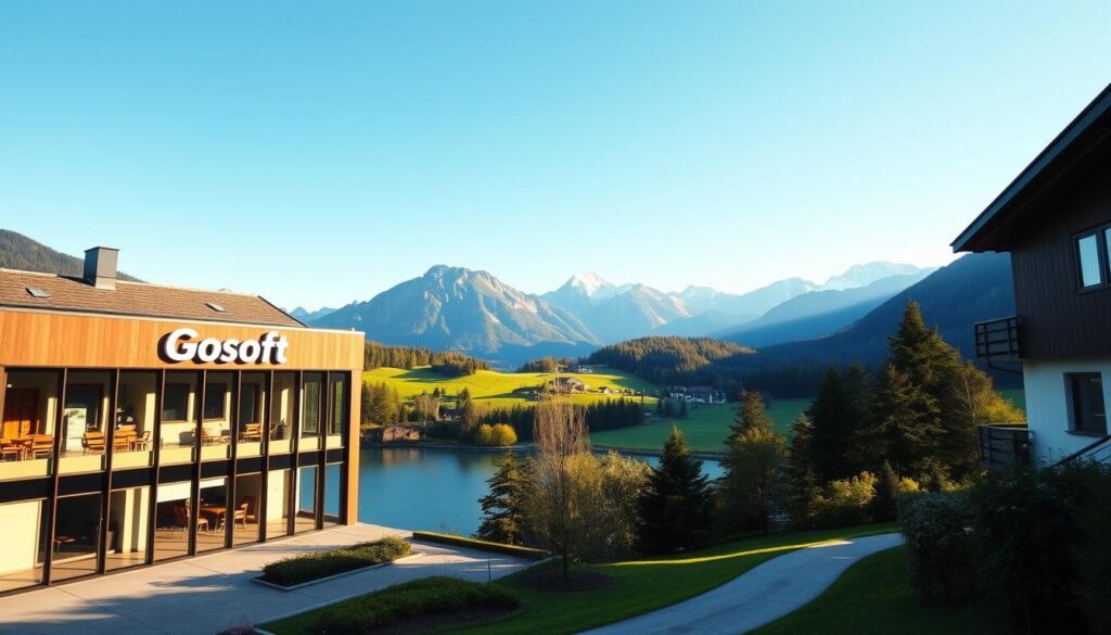 A serene Swiss landscape showcasing the essence of Swiss heritage and comfort. In the foreground, a modern Swiss corporate building representing the Gosoft brand, with large glass windows reflecting the surrounding scenery. In the middle ground, lush green hills and a clear blue lake, hinting at the tranquil Swiss countryside. The background features the majestic Swiss Alps under a bright, sunny sky, casting gentle shadows across the landscape. The lighting is warm and inviting, emphasizing the peaceful atmosphere of the location. The scene captures a feeling of professionalism and comfort, with a stylish, sophisticated vibe.