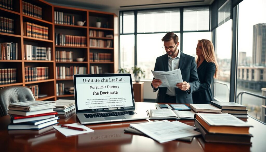 A serene academic office scene focused on the legal aspects of pursuing a doctorate. In the foreground, a polished wooden desk is cluttered with law books, documents, and a laptop displaying a legal framework for doctoral studies. A pair of professional business-attired individuals, one male and one female, are engaged in discussion, pointing at the documents. The middle background showcases a bookshelf lined with legal texts and academic publications, while a large window lets in soft, natural light, creating a warm and inviting atmosphere. In the background, a subtle cityscape is visible through the window, hinting at the connection to a broader legal environment. The image conveys a sense of professionalism and academic diligence, emphasizing the importance of understanding legal foundations in doctoral studies. A serene academic office scene focused on the legal aspects of pursuing a doctorate. In the foreground, a polished wooden desk is cluttered with law books, documents, and a laptop displaying a legal framework for doctoral studies. A pair of professional business-attired individuals, one male and one female, are engaged in discussion, pointing at the documents. The middle background showcases a bookshelf lined with legal texts and academic publications, while a large window lets in soft, natural light, creating a warm and inviting atmosphere. In the background, a subtle cityscape is visible through the window, hinting at the connection to a broader legal environment. The image conveys a sense of professionalism and academic diligence, emphasizing the importance of understanding legal foundations in doctoral studies.
