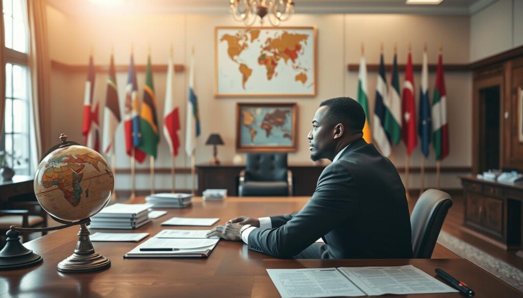 A serene and elegant diplomatic and consular office interior, showcasing a large wooden desk with a globe and diplomatic documents scattered across it, symbolizing the essence of diplomacy. In the foreground, a well-dressed ambassadorial figure, representing diversity, sits pensively, dressed in a professional suit, contemplating the responsibilities of their role. The middle section features a wall adorned with flags of various nations and a framed map, symbolizing international relations. In the background, soft sunlight filters through large windows, casting a warm glow, enhancing a sense of hope and purpose. The atmosphere is focused and inspiring, conveying the weight of diplomatic duties while also embodying professionalism and respect. Use a soft-focus lens to create a dreamlike quality, highlighting the importance of the ambassador's journey. A serene and elegant diplomatic and consular office interior, showcasing a large wooden desk with a globe and diplomatic documents scattered across it, symbolizing the essence of diplomacy. In the foreground, a well-dressed ambassadorial figure, representing diversity, sits pensively, dressed in a professional suit, contemplating the responsibilities of their role. The middle section features a wall adorned with flags of various nations and a framed map, symbolizing international relations. In the background, soft sunlight filters through large windows, casting a warm glow, enhancing a sense of hope and purpose. The atmosphere is focused and inspiring, conveying the weight of diplomatic duties while also embodying professionalism and respect. Use a soft-focus lens to create a dreamlike quality, highlighting the importance of the ambassador's journey.