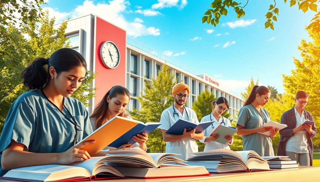 A serene and informative scene illustrating the duration of nursing studies in Poland. In the foreground, depict a diverse group of nursing students, a mix of genders and ethnicities, engaged in study. They are wearing scrubs and professional attire, surrounded by open textbooks and notebooks filled with notes. In the middle ground, include a university campus setting, featuring a modern building with a university sign and a clock showing the passing time, symbolizing the length of studies. The background showcases lush greenery and clear blue skies, representing knowledge and growth. The lighting is warm and inviting, akin to a late afternoon, creating an atmosphere of academic focus and aspiration. The composition should be vibrant and harmonious, reflecting ambition and dedication in a nurturing educational environment. A serene and informative scene illustrating the duration of nursing studies in Poland. In the foreground, depict a diverse group of nursing students, a mix of genders and ethnicities, engaged in study. They are wearing scrubs and professional attire, surrounded by open textbooks and notebooks filled with notes. In the middle ground, include a university campus setting, featuring a modern building with a university sign and a clock showing the passing time, symbolizing the length of studies. The background showcases lush greenery and clear blue skies, representing knowledge and growth. The lighting is warm and inviting, akin to a late afternoon, creating an atmosphere of academic focus and aspiration. The composition should be vibrant and harmonious, reflecting ambition and dedication in a nurturing educational environment.