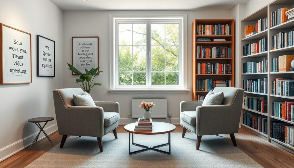 A serene and inviting therapy room depicted in soft, natural lighting, emphasizing a calming atmosphere. In the foreground, a cozy seating arrangement featuring two comfortable chairs facing each other, with a small coffee table holding therapeutic books and a notepad. In the middle, a large window showcasing lush greenery outside, symbolizing growth and healing. On the walls, framed motivational quotes and artwork related to mental health. In the background, a bookshelf filled with various psychology and addiction recovery texts, hinting at the educational journey of becoming a therapist. The overall mood is warm and supportive, inspiring hope and dedication to aspiring addiction counselors. A serene and inviting therapy room depicted in soft, natural lighting, emphasizing a calming atmosphere. In the foreground, a cozy seating arrangement featuring two comfortable chairs facing each other, with a small coffee table holding therapeutic books and a notepad. In the middle, a large window showcasing lush greenery outside, symbolizing growth and healing. On the walls, framed motivational quotes and artwork related to mental health. In the background, a bookshelf filled with various psychology and addiction recovery texts, hinting at the educational journey of becoming a therapist. The overall mood is warm and supportive, inspiring hope and dedication to aspiring addiction counselors.