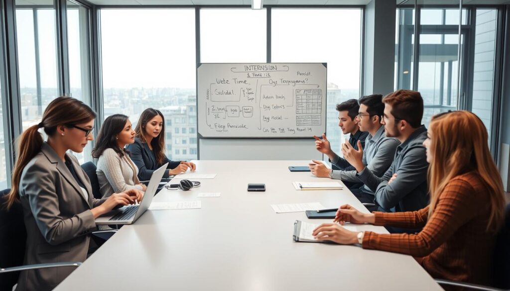A serene and professional setting depicting a diverse group of students engaged in practical training for part-time studies, sitting around a modern conference table. In the foreground, a young woman in professional business attire takes notes on a laptop, while a young man next to her discusses ideas, gesturing actively. In the middle ground, a whiteboard displays charts and notes related to internship timeframes, emphasizing the concept of duration. The background features large windows letting in soft, natural light, enhancing the collaborative atmosphere. The mood is focused and determined, illustrating the intensity and importance of balancing internships with studies. A wide-angle view captures the entire scene, creating a sense of community and professionalism.