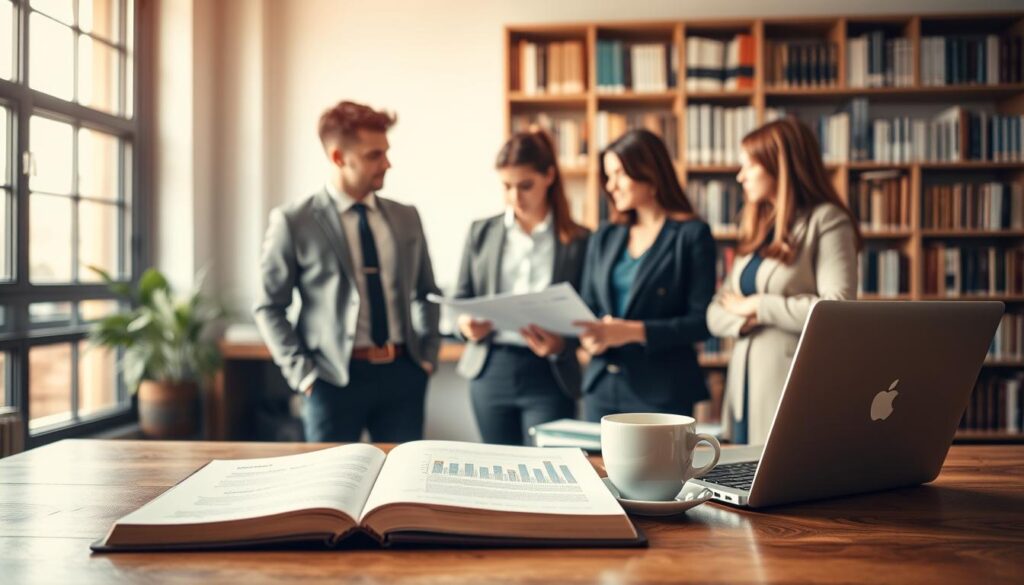 A serene and professional study environment depicting the concept of "studia znaczenie". In the foreground, a neatly arranged wooden desk with an open book, a laptop, and a steaming cup of coffee, symbolizing focused study. In the middle ground, a diverse group of four individuals in professional attire—two men and two women—engaged in a thoughtful discussion, analyzing data and sharing insights. The background features a large window with natural light flooding in, illuminating a shelf filled with books on various subjects. A subtle soft-focus effect creates a calm, academic atmosphere, emphasizing the importance of study and knowledge. The overall mood conveys seriousness and collaboration, with warm tones enhancing the inviting environment. A serene and professional study environment depicting the concept of "studia znaczenie". In the foreground, a neatly arranged wooden desk with an open book, a laptop, and a steaming cup of coffee, symbolizing focused study. In the middle ground, a diverse group of four individuals in professional attire—two men and two women—engaged in a thoughtful discussion, analyzing data and sharing insights. The background features a large window with natural light flooding in, illuminating a shelf filled with books on various subjects. A subtle soft-focus effect creates a calm, academic atmosphere, emphasizing the importance of study and knowledge. The overall mood conveys seriousness and collaboration, with warm tones enhancing the inviting environment.
