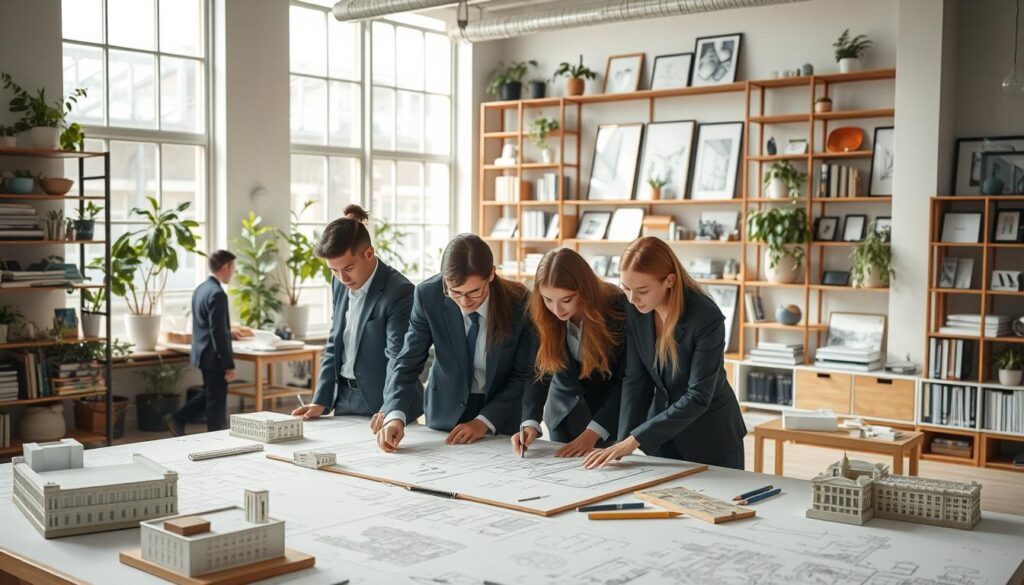 A serene architectural studio setting bustling with activity, featuring students engaged in design projects. In the foreground, a diverse group of students, dressed in professional business attire, collaborates around a large drafting table scattered with architectural blueprints and sketches. The middle ground showcases large windows allowing natural light to flood the room, illuminating models of buildings and design tools like rulers and pens. In the background, shelves filled with architectural books, plants, and framed inspirational designs create a vibrant learning atmosphere. The overall mood is focused and creative, emphasizing the dedication and time commitment required for architectural studies. Use soft, warm lighting to enhance the inviting feel of the studio, with a slight depth of field to focus on the students’ interaction. A serene architectural studio setting bustling with activity, featuring students engaged in design projects. In the foreground, a diverse group of students, dressed in professional business attire, collaborates around a large drafting table scattered with architectural blueprints and sketches. The middle ground showcases large windows allowing natural light to flood the room, illuminating models of buildings and design tools like rulers and pens. In the background, shelves filled with architectural books, plants, and framed inspirational designs create a vibrant learning atmosphere. The overall mood is focused and creative, emphasizing the dedication and time commitment required for architectural studies. Use soft, warm lighting to enhance the inviting feel of the studio, with a slight depth of field to focus on the students’ interaction.