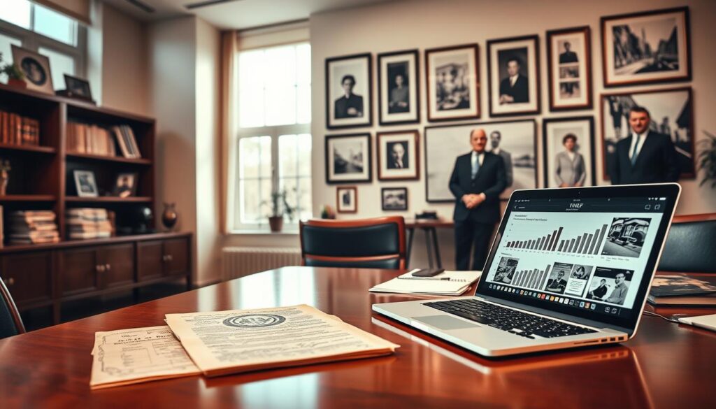A serene business office setting reflecting the rich history of the Edel Hoff company. In the foreground, an elegant wooden desk displays historical documents and a vintage company logo. To the side, a modern laptop symbolizes the growth and innovation of the firm, featuring charts and images of past products. In the middle ground, a wall adorned with framed photographs showcases the evolution of the company, highlighting key milestones and notable figures in professional business attire. The background features large windows letting in natural light, creating a warm, inviting atmosphere. The mood is one of professionalism and legacy, emphasizing the blend of tradition and modernity in the company’s history. The perspective is slightly elevated, giving a comprehensive view of the office environment.
