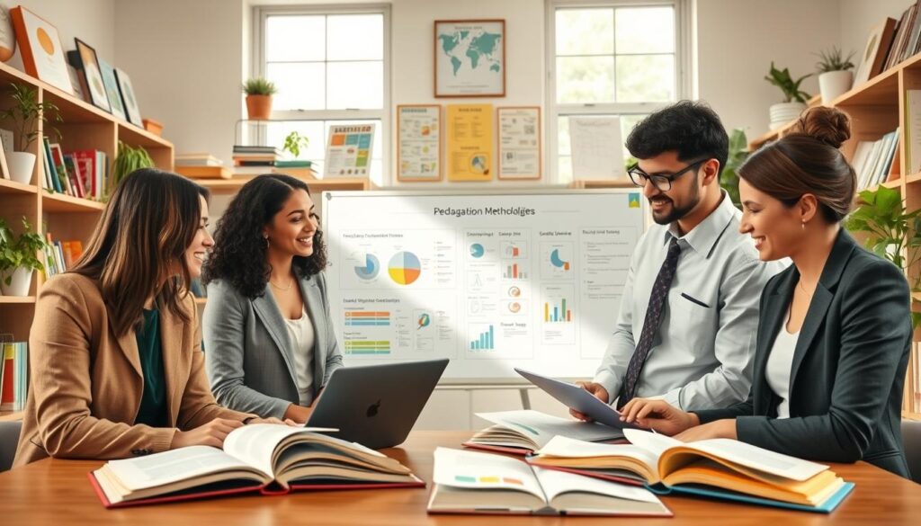 A serene classroom environment filled with resources for pedagogical studies. In the foreground, a diverse group of three educators, two women and one man, dressed in professional business attire, are engaged in collaborative discussions over open textbooks and laptops. In the middle ground, a large whiteboard displays colorful educational diagrams and graphs related to special education methodologies. Surrounding them are shelves lined with teaching materials, educational posters, and plants, enhancing the inviting atmosphere. The lighting is bright and natural, streaming through large windows, creating a warm and uplifting mood. The image captures a sense of teamwork, inspiration, and dedication to education, focusing on the path to becoming a supportive teacher in the modern classroom.