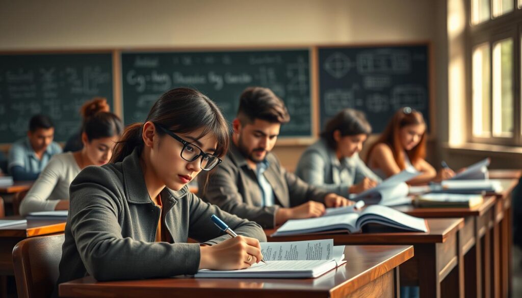 A serene classroom scene depicting a group of diverse students, seated at wooden desks, intensely focused on taking a written exam. In the foreground, a female student with glasses in professional attire writes diligently, her brow slightly furrowed in concentration. The middle ground features a male student, surrounded by open textbooks and notes, glancing thoughtfully at his paper. In the background, a chalkboard with mathematical formulas and diagrams adds an academic atmosphere. Soft, warm lighting illuminates the room through large windows, creating a calm yet studious ambiance. The overall mood is one of determination and academic rigor, emphasizing the importance of the exam in an educational setting.