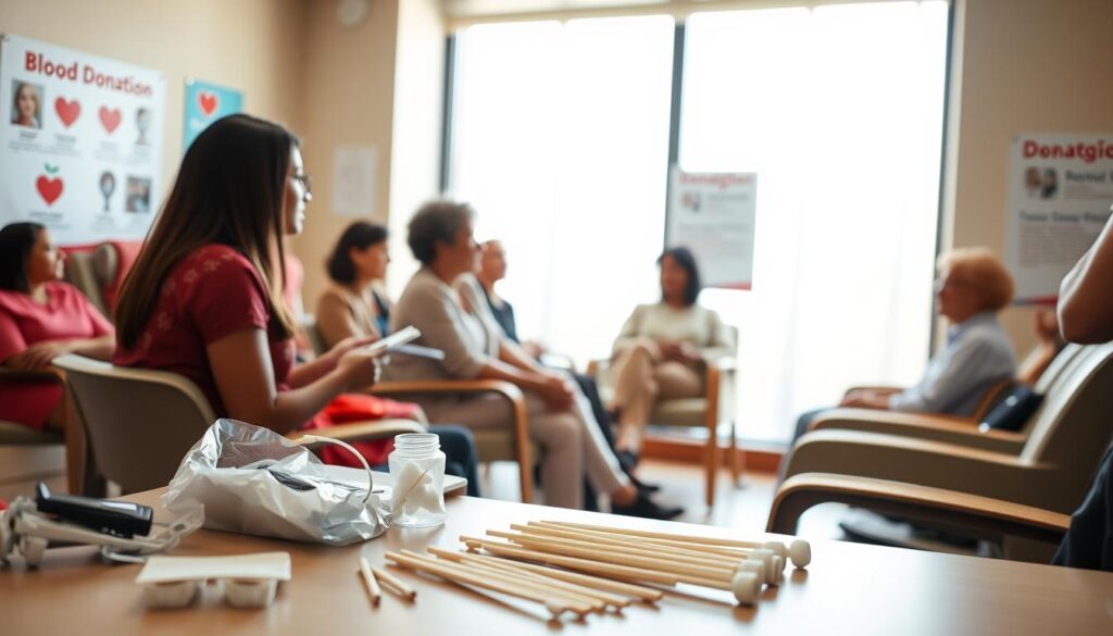 A serene clinic scene illustrating the preparation for donating blood. In the foreground, a neatly organized table with medical supplies: sterile needles, collection bags, and cotton swabs. A gloved healthcare worker, dressed in professional attire, is gently explaining the donation process to a diverse group of volunteers seated on comfortable chairs, looking attentive and engaged. In the middle ground, a large window allows natural light to flood in, creating a warm and welcoming atmosphere. The background features informational posters about blood donation, enhancing the educational aspect. Soft, diffused lighting enhances the calmness of the scene, while a slight depth of field focuses on the interaction between the healthcare worker and the potential donors, emphasizing the importance of community and care.