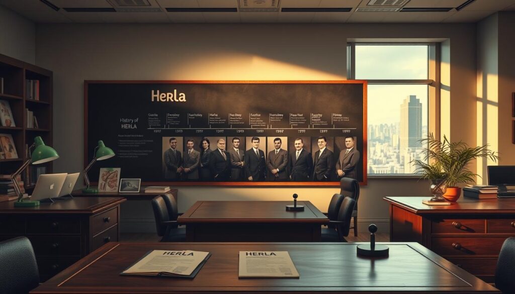 A serene corporate setting depicting the history of Herla, showcasing a vintage office environment in the foreground with polished wooden desks, classic green desk lamps, and historical documents featuring the company's logo. In the middle ground, a timeline of Herla's significant milestones illustrated on a chalkboard, with sepia-toned photographs of the founders and early employees dressed in professional business attire. The background features a large window with natural light pouring in, casting soft shadows, while a cityscape can be seen outside, hinting at the company's growth. The atmosphere is nostalgic yet inspiring, evoking a sense of legacy and innovation. Capture this scene with a warm color palette and a slight vignette to focus on the details of the historical narrative. A serene corporate setting depicting the history of Herla, showcasing a vintage office environment in the foreground with polished wooden desks, classic green desk lamps, and historical documents featuring the company's logo. In the middle ground, a timeline of Herla's significant milestones illustrated on a chalkboard, with sepia-toned photographs of the founders and early employees dressed in professional business attire. The background features a large window with natural light pouring in, casting soft shadows, while a cityscape can be seen outside, hinting at the company's growth. The atmosphere is nostalgic yet inspiring, evoking a sense of legacy and innovation. Capture this scene with a warm color palette and a slight vignette to focus on the details of the historical narrative.