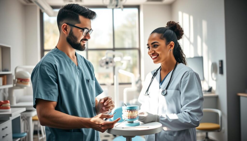 A serene dental school scene showcasing students engaged in practical learning. In the foreground, two diverse students, one male and one female, both wearing professional healthcare attire, are discussing dental instruments with focused expressions. The middle ground features a dental simulation lab equipped with realistic dental chairs, models of jaws, and high-tech tools, radiating a sense of academic dedication. The background presents large windows allowing natural light to stream in, illuminating the room with a warm, inviting atmosphere. Shadows dance softly on the walls, emphasizing the environment’s professionalism. The composition captures a moment of collaboration and aspiration, underscoring the accessibility and appeal of pursuing dental studies. The angle is slightly elevated, providing a comprehensive view of the bustling yet orderly scene.