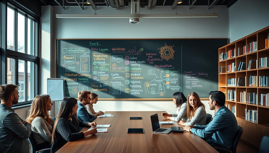 A serene educational setting in a modern classroom focused on pedagogy. In the foreground, a diverse group of students, dressed in professional attire, engage in collaborative learning around a large conference table. The middle ground features a well-organized chalkboard filled with colorful diagrams and notes about various forms of education, such as online learning, workshops, and traditional courses. In the background, shelves filled with educational books and resources enhance the atmosphere. Soft natural light filters through large windows, casting gentle shadows, creating an inspiring and productive mood. The angle of the scene captures a wide view, showcasing interaction and engagement among the students, symbolizing active learning in pedagogy. A serene educational setting in a modern classroom focused on pedagogy. In the foreground, a diverse group of students, dressed in professional attire, engage in collaborative learning around a large conference table. The middle ground features a well-organized chalkboard filled with colorful diagrams and notes about various forms of education, such as online learning, workshops, and traditional courses. In the background, shelves filled with educational books and resources enhance the atmosphere. Soft natural light filters through large windows, casting gentle shadows, creating an inspiring and productive mood. The angle of the scene captures a wide view, showcasing interaction and engagement among the students, symbolizing active learning in pedagogy.