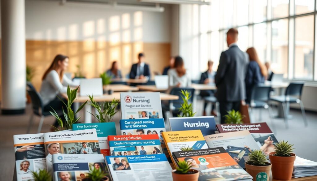 A serene educational setting showcasing a variety of nursing program offerings from different universities. In the foreground, a neatly arranged display of colorful brochures and informational pamphlets about nursing studies, surrounded by small potted plants for a touch of nature. The middle ground features a modern university classroom with students engaged in discussions, all dressed in professional attire, highlighting a collaborative learning environment. The background shows large windows allowing soft, natural light to flood the room, casting gentle shadows. The atmosphere is one of warmth and inspiration, conveying the seriousness and dedication of nursing education, using a slightly blurred depth of field to keep the focus on the informational materials in the foreground. A serene educational setting showcasing a variety of nursing program offerings from different universities. In the foreground, a neatly arranged display of colorful brochures and informational pamphlets about nursing studies, surrounded by small potted plants for a touch of nature. The middle ground features a modern university classroom with students engaged in discussions, all dressed in professional attire, highlighting a collaborative learning environment. The background shows large windows allowing soft, natural light to flood the room, casting gentle shadows. The atmosphere is one of warmth and inspiration, conveying the seriousness and dedication of nursing education, using a slightly blurred depth of field to keep the focus on the informational materials in the foreground.