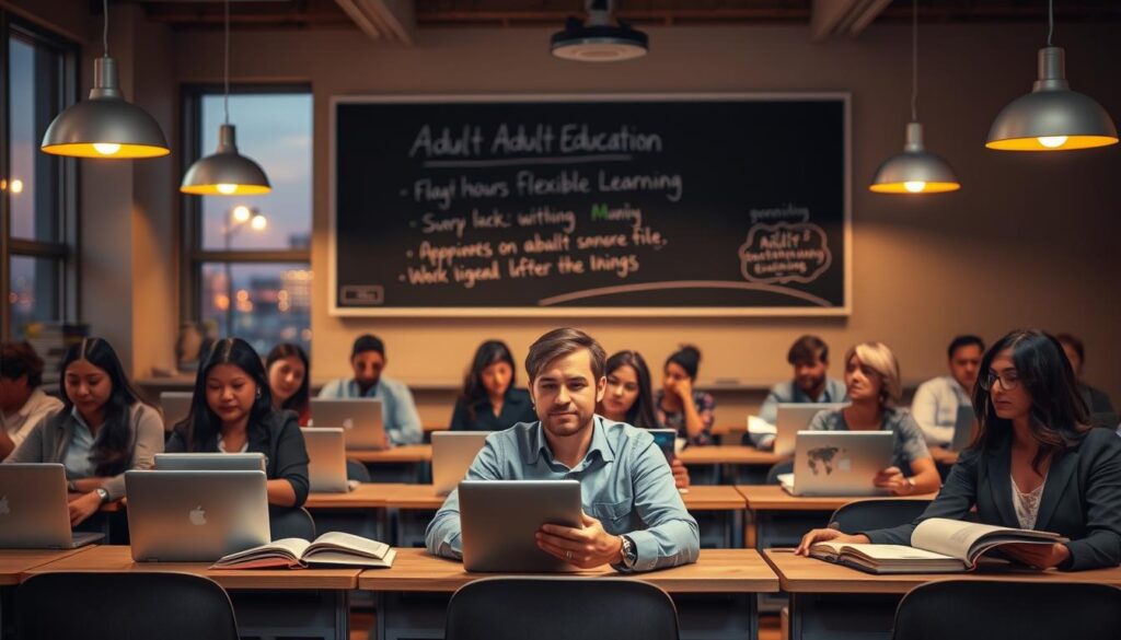 A serene evening classroom setting filled with adult students engaged in their studies, portraying the essence of evening studies. In the foreground, a diverse group of three students, a man and two women, are seated at desks with open books and laptops, dressed in professional attire. The middle layer displays a blackboard with neatly written notes on topics like "Adult Education" and "Flexible Learning". The background features warm lighting emanating from overhead lamps, creating a cozy atmosphere. A large window shows a twilight cityscape outside, hinting that classes are taking place after work hours. The mood is focused and optimistic, emphasizing a commitment to education during non-traditional hours.