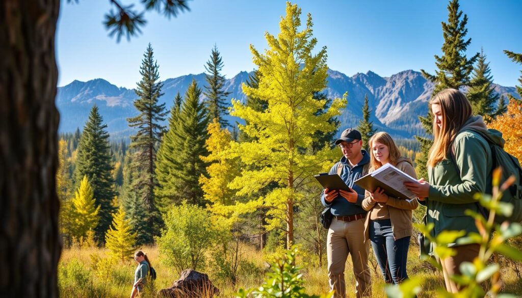 A serene forest landscape showcasing the characteristics of forestry studies. In the foreground, a diverse group of students in professional outdoor attire examines tree species and takes notes on a clipboard. They are engaged in hands-on learning, surrounded by educational materials like field guides. The middle ground features a variety of trees including pines, oaks, and maples, with bright green leaves and sun filtering through the canopy. The background depicts a majestic mountain range under a clear blue sky. Soft, warm lighting creates an inviting and educational atmosphere, emphasizing a sense of harmony between nature and learning. The composition captures a moment of discovery and connection to the environment, reflecting the essence of forestry education. A serene forest landscape showcasing the characteristics of forestry studies. In the foreground, a diverse group of students in professional outdoor attire examines tree species and takes notes on a clipboard. They are engaged in hands-on learning, surrounded by educational materials like field guides. The middle ground features a variety of trees including pines, oaks, and maples, with bright green leaves and sun filtering through the canopy. The background depicts a majestic mountain range under a clear blue sky. Soft, warm lighting creates an inviting and educational atmosphere, emphasizing a sense of harmony between nature and learning. The composition captures a moment of discovery and connection to the environment, reflecting the essence of forestry education.