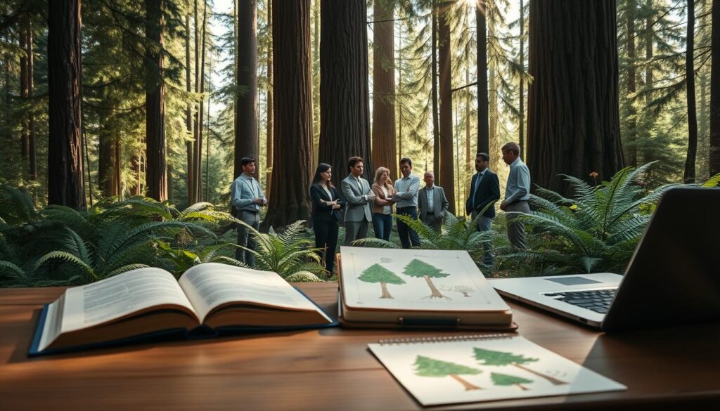 A serene forest study setting illustrating the requirements for forestry studies. In the foreground, a wooden desk with open textbooks on forest ecology, a laptop, and a sketch pad displaying tree diagrams. In the middle ground, a diverse group of focused students in professional attire, engaged in discussions, surrounded by towering trees, ferns, and wildflowers. The background features sunlight filtering through the canopy, creating a dappled light effect on the forest floor. Soft, natural colors dominate the scene, evoking a mood of academic exploration amidst nature. The composition emphasizes the harmonious connection between education and environmental science, taken from a slightly elevated angle to capture the depth of the setting. A serene forest study setting illustrating the requirements for forestry studies. In the foreground, a wooden desk with open textbooks on forest ecology, a laptop, and a sketch pad displaying tree diagrams. In the middle ground, a diverse group of focused students in professional attire, engaged in discussions, surrounded by towering trees, ferns, and wildflowers. The background features sunlight filtering through the canopy, creating a dappled light effect on the forest floor. Soft, natural colors dominate the scene, evoking a mood of academic exploration amidst nature. The composition emphasizes the harmonious connection between education and environmental science, taken from a slightly elevated angle to capture the depth of the setting.