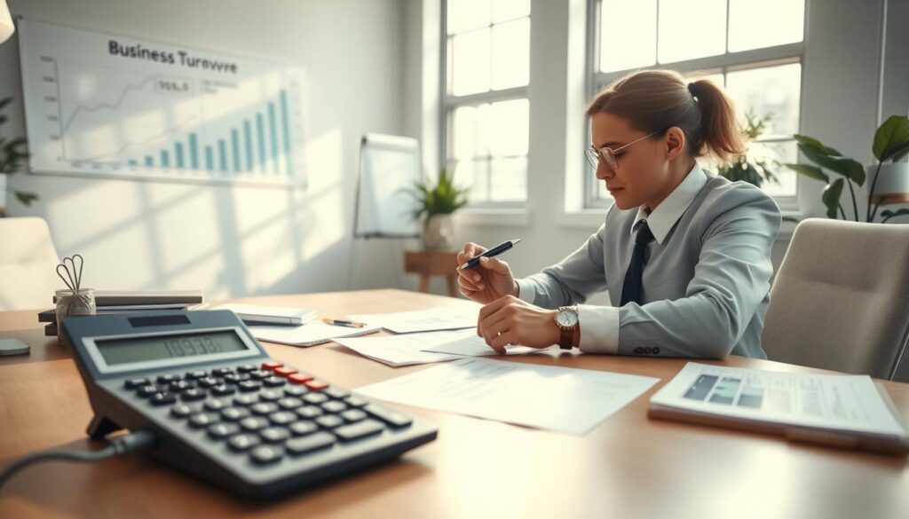 A serene office environment featuring a modern desk with a large calculator and financial documents neatly arranged. In the foreground, a focused businessperson, dressed in business attire, is diligently calculating business turnover with a pen in hand. The middle ground includes a whiteboard with visual graphs and charts illustrating growth and revenue. The background presents a bright, airy office space with windows allowing natural light to cascade in, enhancing the professional atmosphere. Soft shadows create depth, while a warm color palette conveys an optimistic mood. The scene captures the essence of productivity and analytical thinking, ideal for illustrating the topic of calculating business turnover.