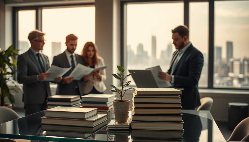 A serene office environment showcasing the concept of saving and investing. In the foreground, a diverse group of professional individuals in business attire, one reviewing financial documents and another analyzing graphs on a laptop, both engaged in a thoughtful discussion. In the middle ground, a large glass table filled with neatly stacked books on finance and investment, alongside a plant symbolizing growth. The background features a large window with natural light flooding in, revealing a city skyline, symbolizing opportunity and success. Soft, warm lighting creates an inviting atmosphere, while a shallow depth of field keeps the focus on the individuals and their activity, encapsulating the essence of building wealth through saving and investing.
