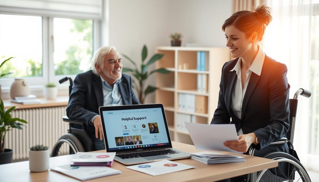 A serene office space designed for caregivers, showing a supportive environment. In the foreground, a compassionate caregiver in professional business attire is attentively listening to an elderly person in a wheelchair, both wearing warm expressions. In the middle, a well-organized desk holds resources like brochures and pamphlets about support services, along with a laptop displaying helpful websites. The background features soft natural light streaming through a window, illuminating a serene garden scene with greenery outside, symbolizing growth and hope. The overall mood is uplifting and nurturing, capturing the essence of support and resources available to caregivers. The image should be comforting and inviting, reflecting the importance of assistance in caregiving roles.
