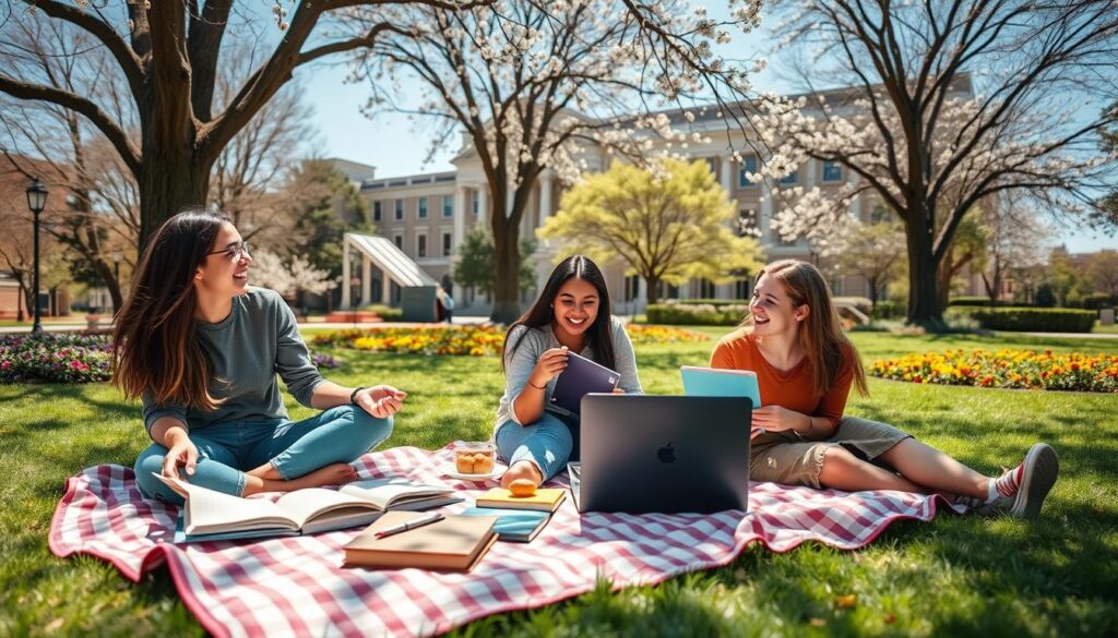 A serene study break scene featuring a diverse group of three young adults, dressed in casual yet tidy clothing, relaxing on a campus lawn. In the foreground, a picnic blanket is spread out with books, notebooks, and a laptop, while the friends laugh and share snacks. The middle ground showcases blooming trees and colorful flowers, creating a vibrant atmosphere. In the background, a university building with classic architecture is partially visible under a clear blue sky, adding context to their study environment. Soft sunlight filters through the branches, creating dappled shadows on the ground, evoking a warm and inviting mood perfect for relaxation. The angle captures both the joy of taking a break and the beauty of the campus setting.